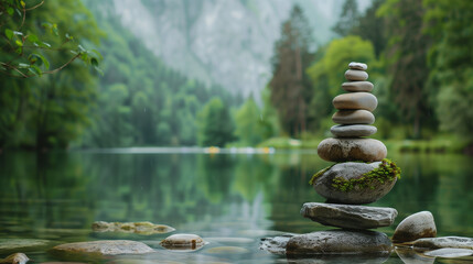 Stacked Stones by Serene Lake in Forest