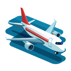 An isometric illustration of an airplane on the ground, with a white body, red tail, and blue wings on a transparent background