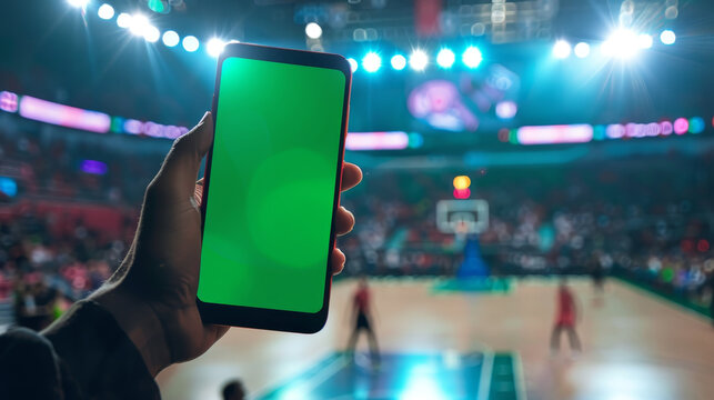 A person holding a green cell phone in a stadium full of people