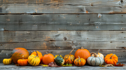 Rustic Autumn Harvest: Assorted Pumpkins and Gourds on Weathered Wooden Background for Seasonal Decor