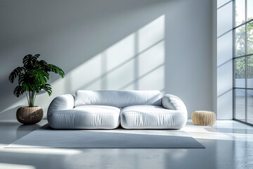 minimalist design with a sleek white sofa in the center of an empty white room. calm and elegance of the interior in a minimalist, realistic setting