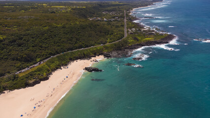 Drone view of the island of Hawaii over the beaches of Lihue, Kauai