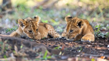 Obraz premium Sweet and Charming Little Lion Cubs Wallpaper