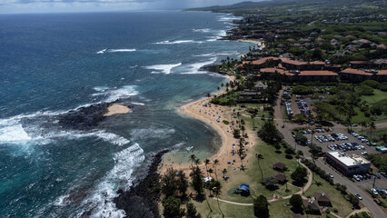 Drone view of the island of Hawaii over the beaches of Lihue, Kauai