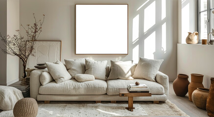 Poster mockup in Living Room Interior, Elegant beige sofa in a minimalist room with beige walls and soft beige carpet.