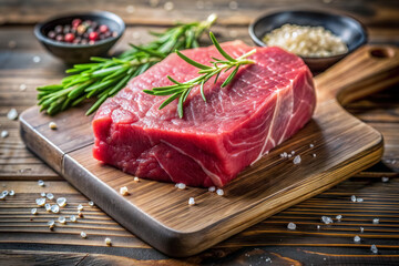 Raw fresh beef meat with spices and herbs on a wooden board, selective focus.