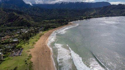 Drone view of the island of Hawaii over the beaches of Lihue, Kauai