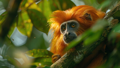 Fototapeta premium Golden Lion Tamarin in Tropical Rainforest, Interesting Plants in Background, Green Nature Wallpaper with Copy Space