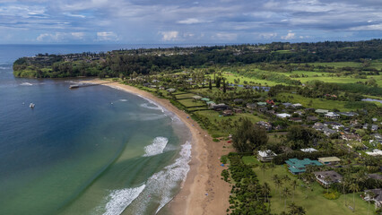 4K drone video of the island of Hawaii over the beaches of Lihue, Kauai