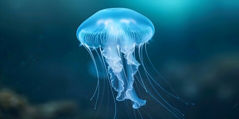 Bioluminescent jellyfish light up ocean depths, revealing underwater world. Concept Marine Biology, Bioluminescence, Jellyfish, Underwater Exploration, Ocean Ecosystems