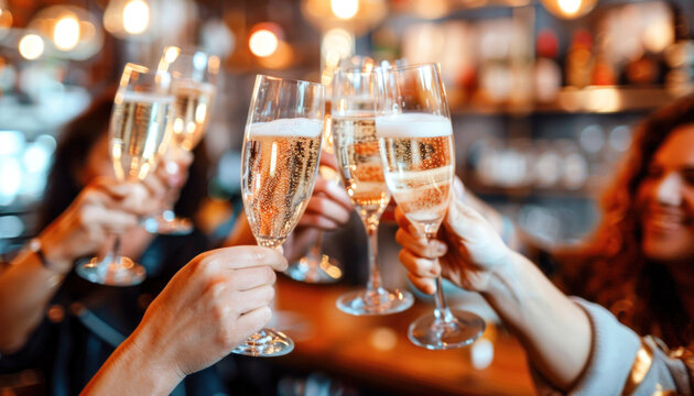 Guests at the bar raise glasses of champagne, with various beverage and dining terms around them