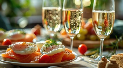 Elegant brunch setup with smoked salmon, poached eggs, and Champagne glasses on a beautifully decorated table, ready for a stylish meal.