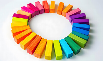 Obraz premium Colors in unity. Circle of colored blocks representing the unity of diverse elements (colors).Wooden blocks placed in a circle on a neutral white background, with natural shadows design
