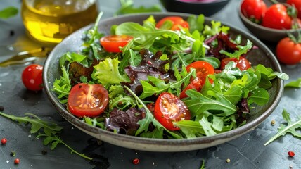 Fresh mixed green salad with cherry tomatoes and arugula in a bowl, garnished with pepper and served on a grey table.