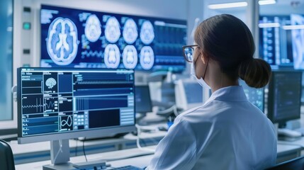 Medical professional engaged with computer, healthcare digitalization, science and tech, back view