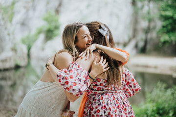 Obraz premium Two joyful young women hugging at a picnic, sharing happiness and friendship at a beautiful outdoor setting. Bright sunny day and positive emotions.