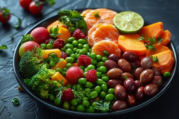 A vibrant plate of fresh fruits and vegetables, including peas, avocados, tomatoes, broccoli, berries, citrus, and eggs, highlighting a healthy, colorful diet.

