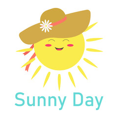 Summer color icon. Flat style. Sun in a hat with the word 