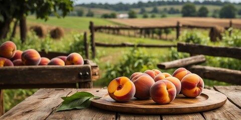 rustic wooden table with a wooden plate filled with fr background