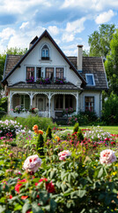 Charming Victorian House with Beautiful Flower Garden in Bloom