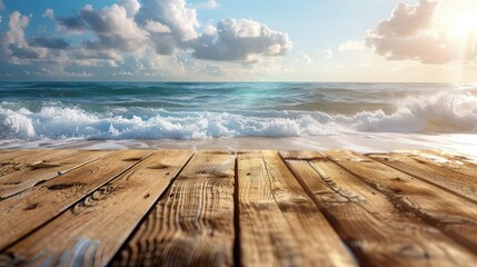 Fototapeta premium wooden table, beach sea background, sunny day, coastal scene, ocean view, summer vibes, seaside decor, isolated on white background