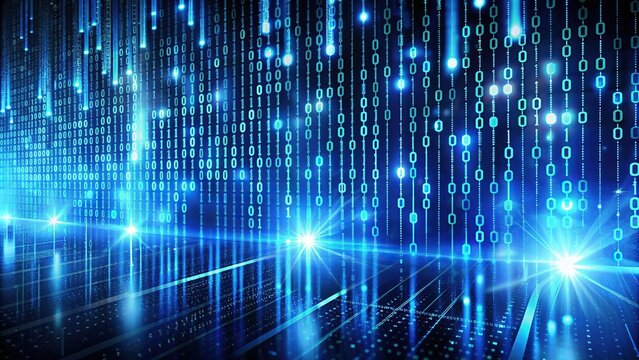Binary Code Matrix. Digital Data Stream. Cyber Technology. Elegant Blue Coding Panorama Background