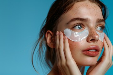 Blue background, skincare, portrait, and woman with eye mask for anti-aging luxury skin radiance. Cosmetics, facial detox, and cheerful model with dermatological solution or collagen pad in studio.