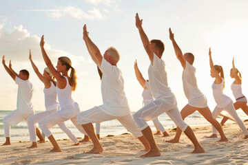 Obraz premium Beach Yoga. People on the beach doing yoga. 