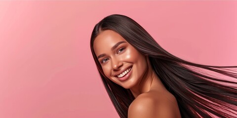 On pink background, hair, beauty, and lady in studio with texture, treatment, or shine mockup. Haircare, shine, model profile, healthy growth, results, keratin, or cosmetics