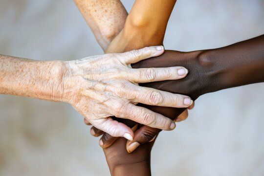 Solidarity and Diversity Concept with Close-Up of Hands of Different Skin Tones Stacked Together