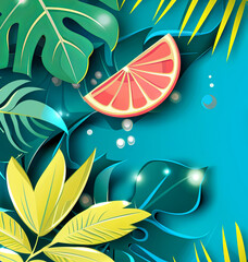 Tropical Summer Card With Grapefruit Slice And Leaves