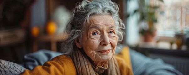 Obraz premium Beautiful elderly woman with gray hair smiles warmly while looking out the window in a cozy home environment
