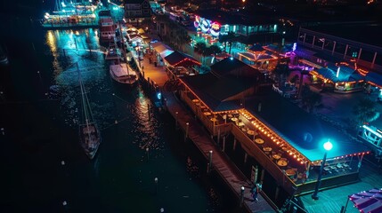 Obraz premium Vibrant Coastal Nightlife with Illuminated Boardwalks and Lively Restaurants - Aerial View for Travel Posters