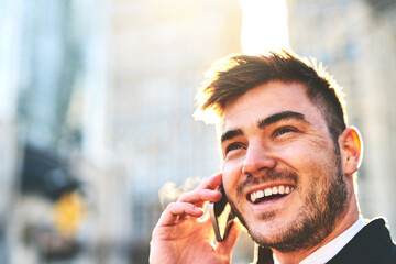 City, laugh and business man with phone call for chatting, communication and networking. Face,...