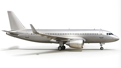 Obraz premium A sleek silver commercial airliner with blank white fuselage and tailfin, isolated on a pure white background, primed for branding and customization.