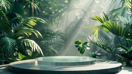  an empty glass podium set against a background of tropical plants and palm leaves. 