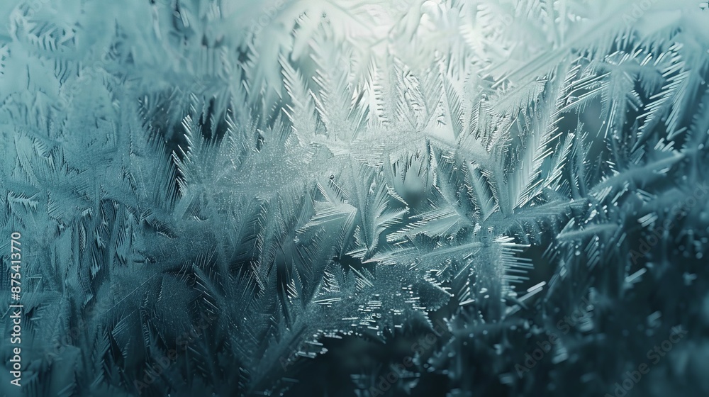 Poster This close-up image showcases detailed and intricate frost patterns formed on a window due to cold weather conditions, creating a mesmerizing natural texture.