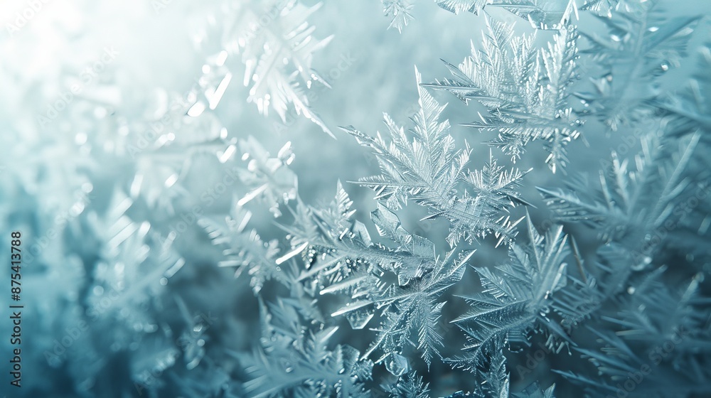 Poster This macro photograph showcases the detailed structure of frost crystal patterns on a glass surface in cold temperatures, highlighting the geometric beauty formed by nature.