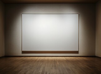 Large Blank White Canvas Hanging on Wall of Empty Art Gallery with Wooden Floors, Unframed and Borderless, Dominating the Frame