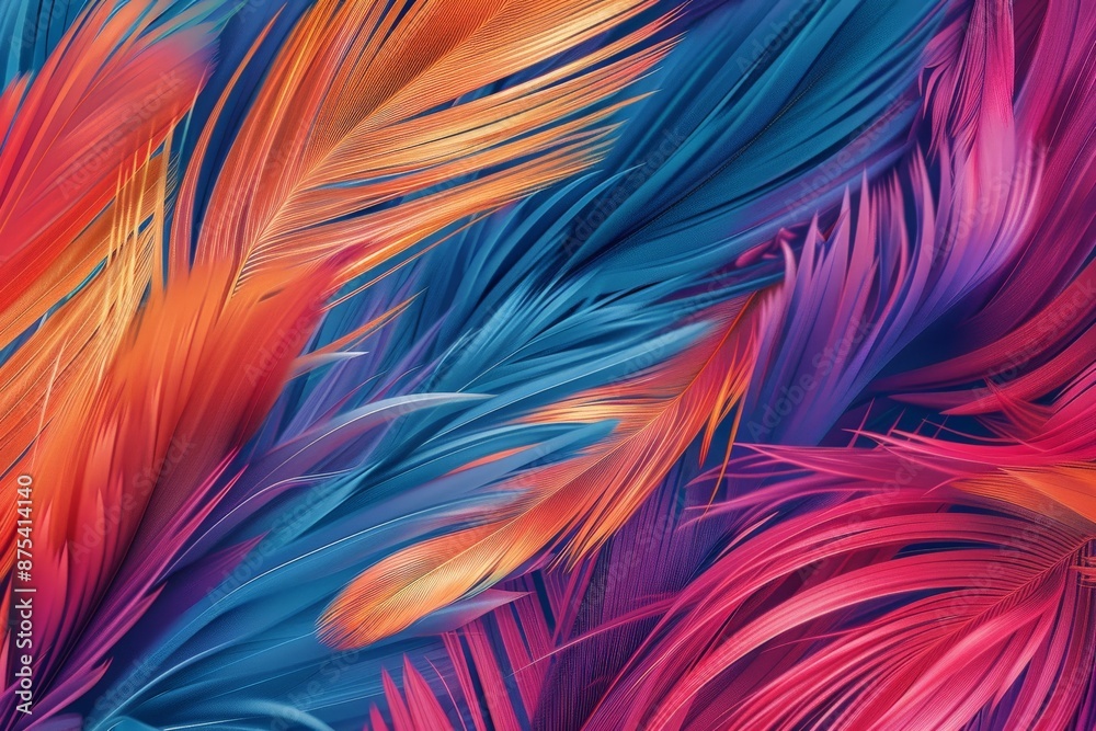 Poster Image presents a vibrant collection of multicolored feathers in motion, creating a flowing and dynamic abstract pattern with a mix of bright and vivid hues.