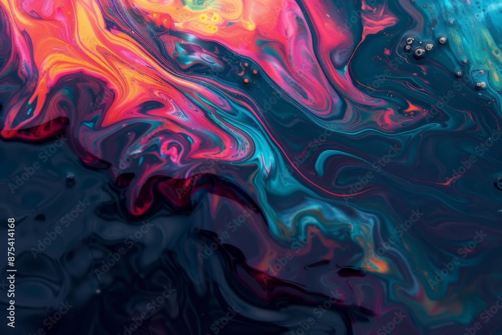 Aufkleber this image depicts an abstract fluid painting with vibrant colors of orange, blue, and pink blending