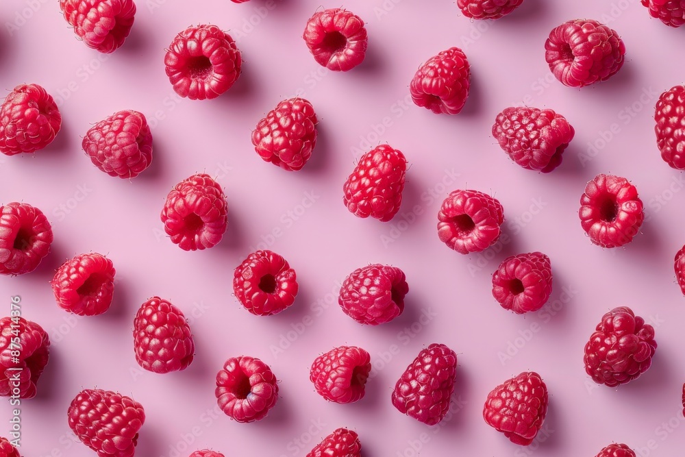 Aufkleber a delightful image showing a spread of bright red raspberries on a pink background, capturing the fr