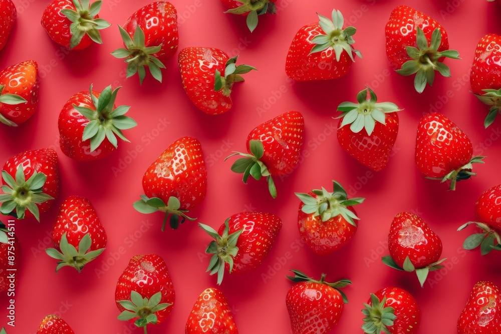 Aufkleber A collection of luscious strawberries artistically spread across a bright red background, emphasizing their freshness and vivid color, perfect for food and health-oriented visuals.