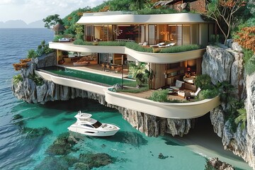 Obraz premium A luxurious cliffside villa with an infinity pool and a yacht docked nearby, surrounded by turquoise waters, ideal for an exclusive and serene escape.