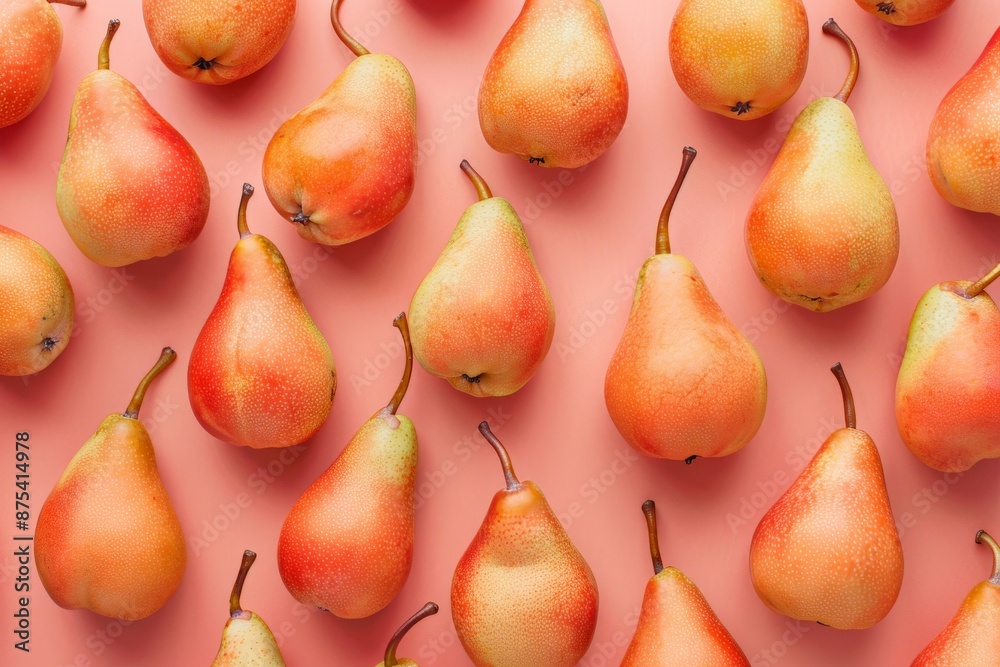 Poster A vibrant array of orange pears artistically arranged on a coral background, showcasing the texture and color contrast in a fresh and modern style.