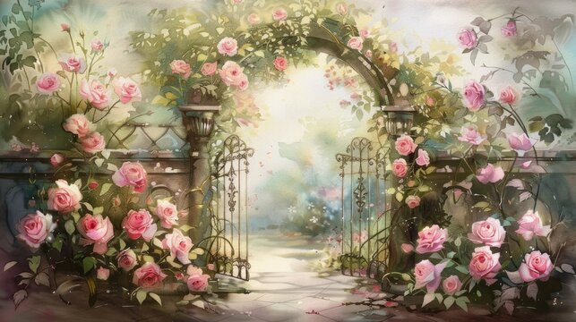 pink flowers in the garden gate with white smoked