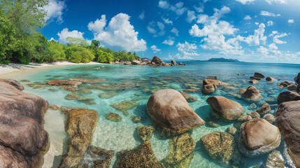 A crystal clear tropical beach with large boulders in the water, a view of an island from a sunny day on a beach, highly detailed photograph
