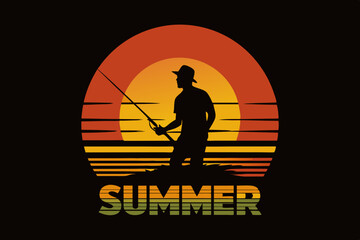 A sunset silhouette Fisherman Vector Illustration - T-Shirt Design, Clipart, clear text Summer' vector art illustration