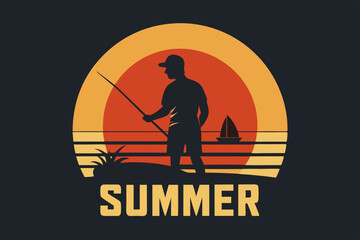 A sunset silhouette Fisherman Vector Illustration - T-Shirt Design, Clipart, clear text Summer' vector art illustration