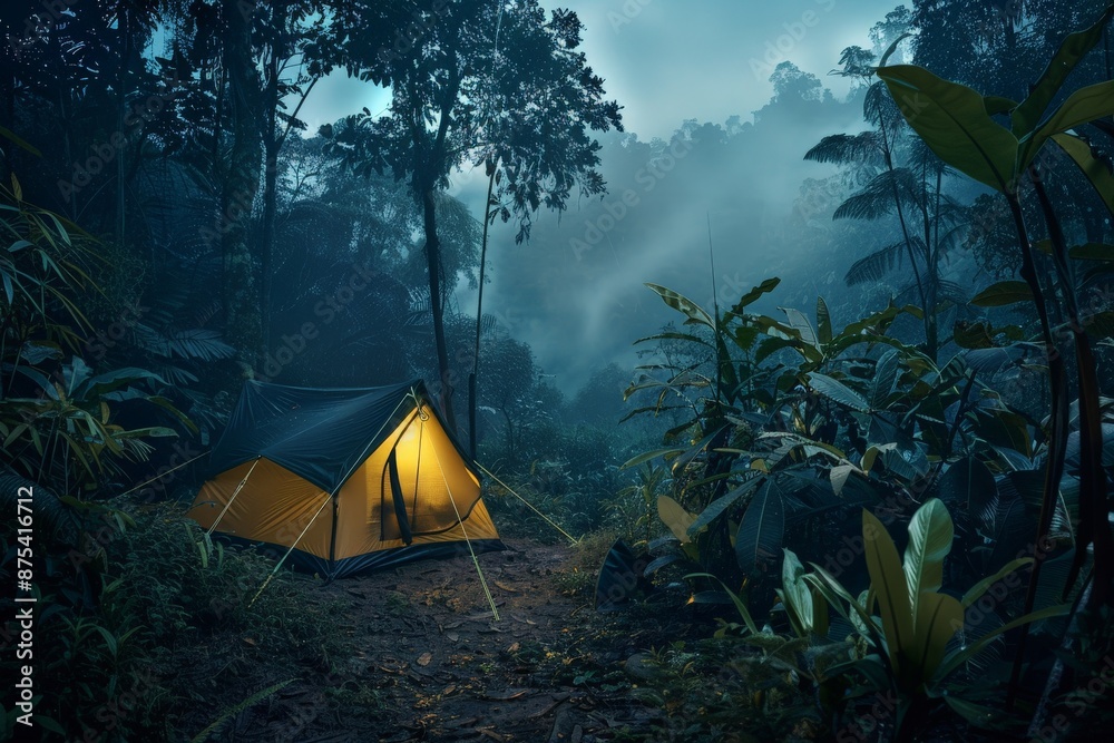 Poster a luminescent tent glows gently in a tranquil, misty night jungle, surrounded by thick foliage and t